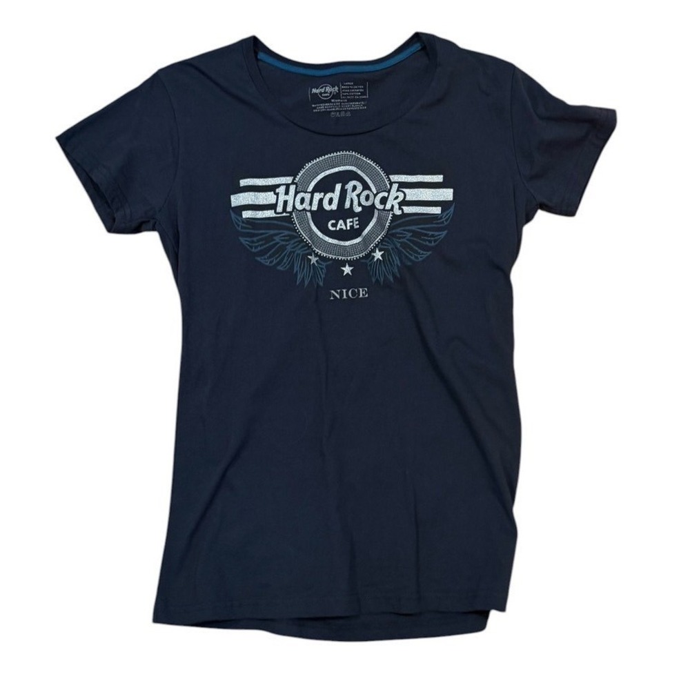 Hard Rock Cafe‎ Nice France Graphic T-Shirt Women Large Blue Gray Glitter Wings